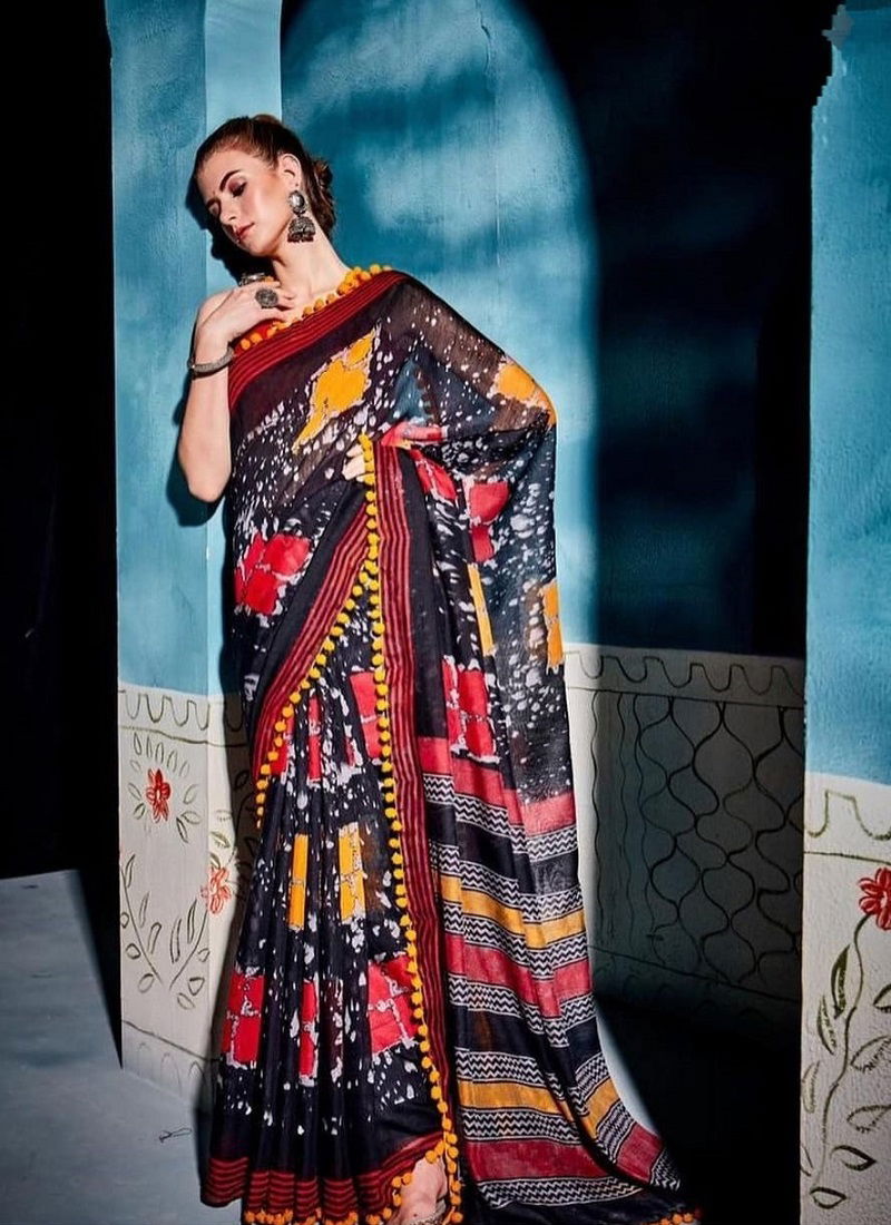 Imported Cotton Pompom Pochampally 4 Printed Wholesale Daily Wear Sarees Catalog
